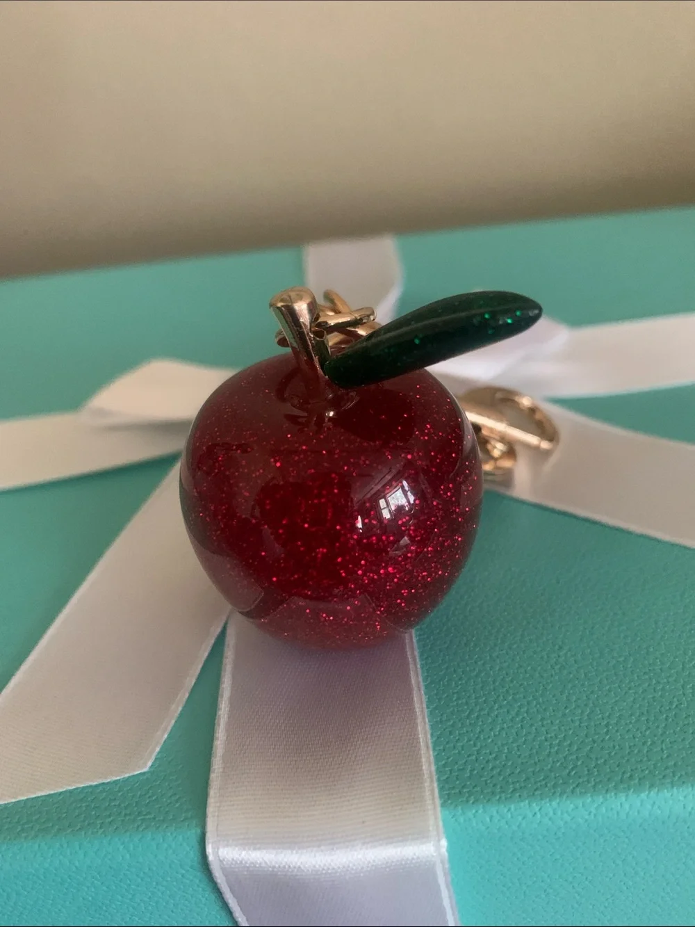 Gold-Tone Cherry Keychain with Red Glitter Apple Charm